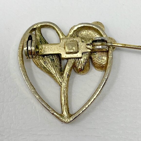 Vintage Heart Flower Brooch‎ Metallic Gold Tone Aqua Green Rhinestone Pin 1" - Picture 6 of 10
